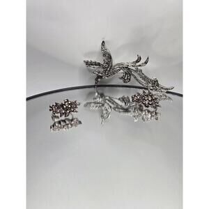 Vintage Marcasite Bird Brooch & Floral Clip-On Earrings Set